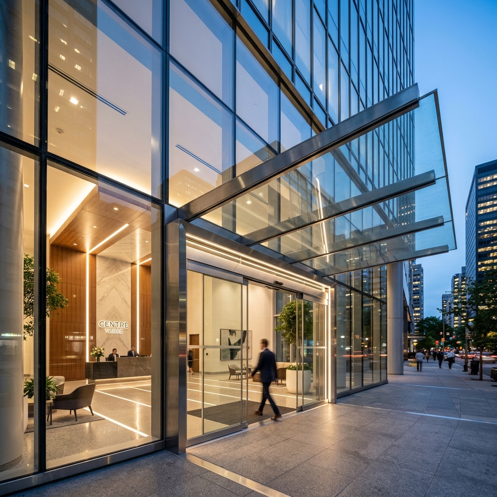 Commercial modern entranceway with automatic sliding doors